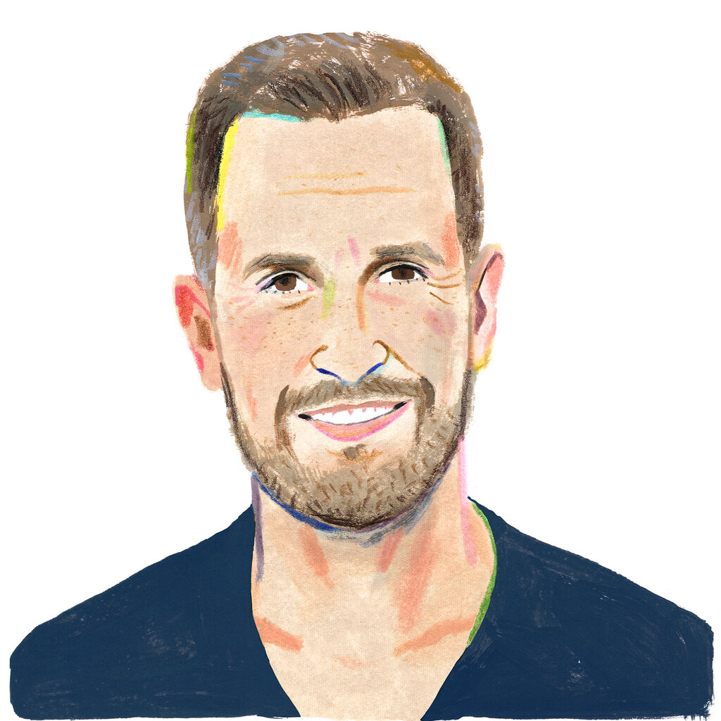 An illustration of Dan Jones shows a white man with brown eyes, hair and beard, wearing a blue V-neck T-shirt.