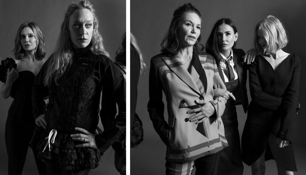 Five elegantly dressed women strick poses in a diptych black-and-white image. 