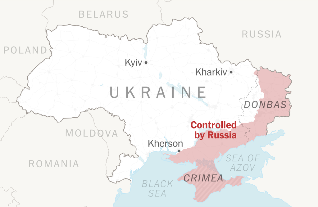 A map of Ukraine shows locations of Kyiv, Kharkiv and Kherson, and the areas of the country now controlled by Russia.