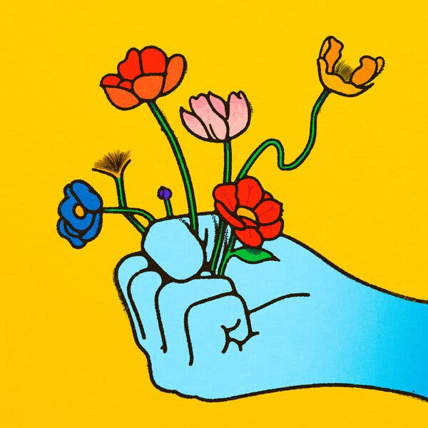 Illustration of flowers sprouting from a clenched fist.