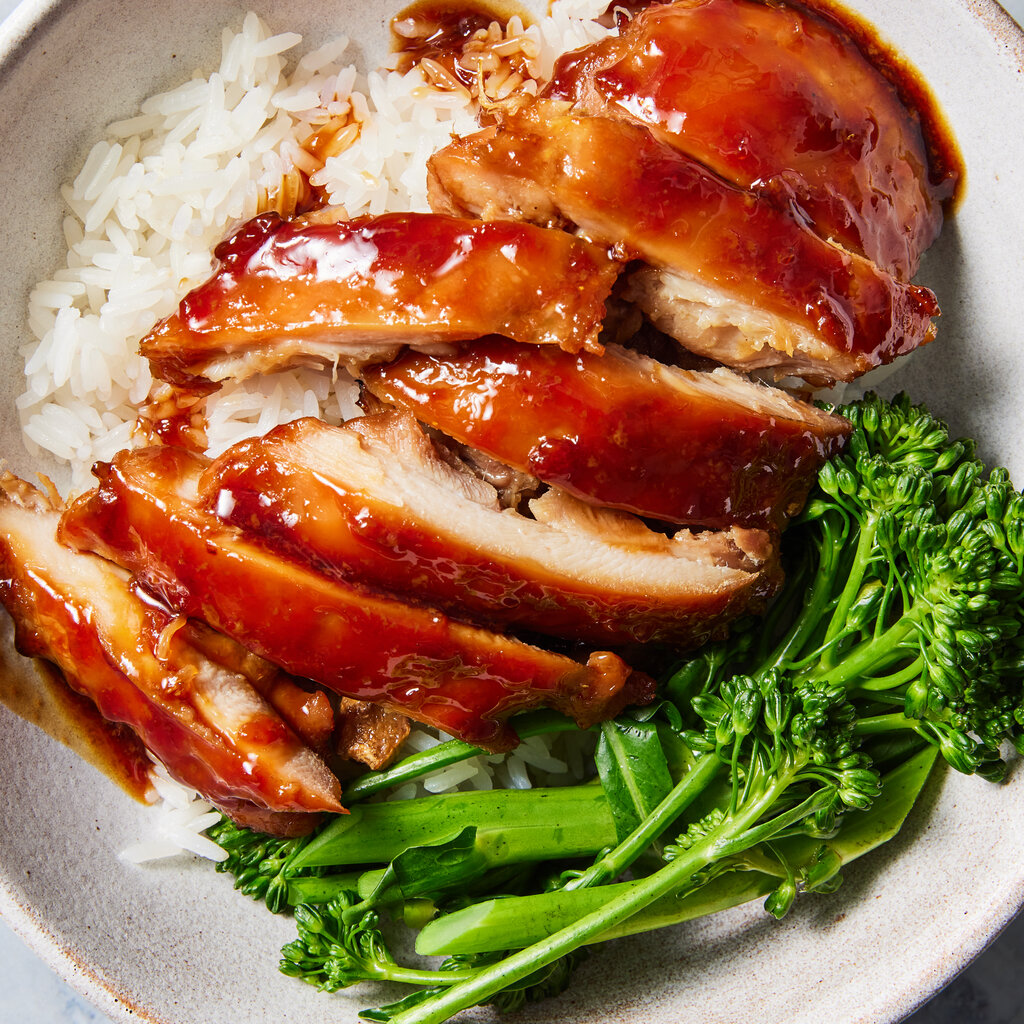 A top-down view of a plate of chicken teriyaki.