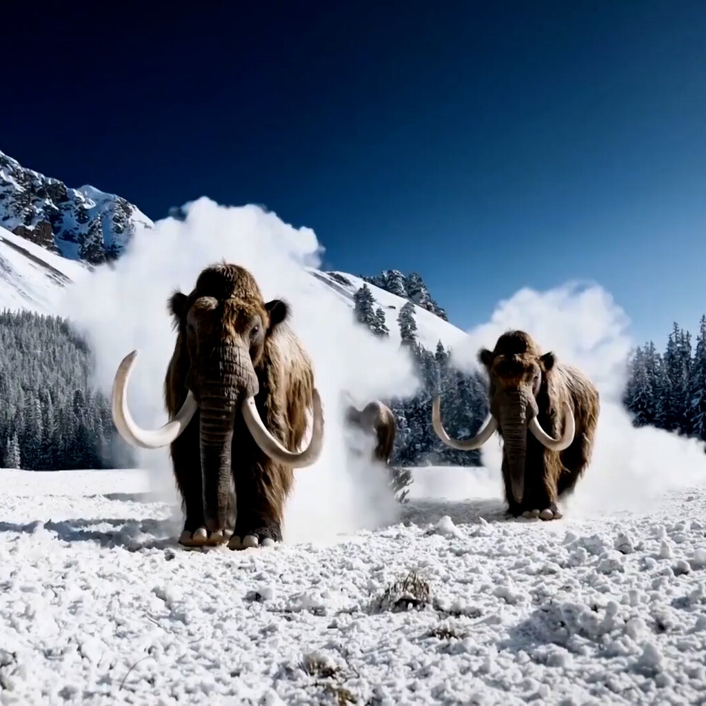 An A.I. image of two woolly mammoths walking in snow. 