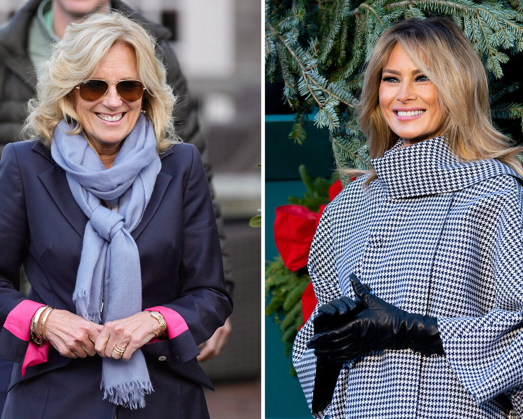 One photo shows Jill Biden in a navy suit and blue winter scarf; a second photo shows Melania Trump in a black checked coat and black gloves. 