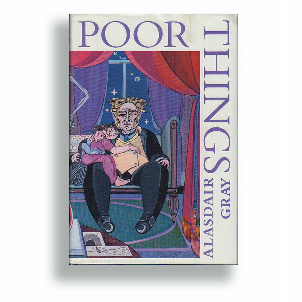 The cover of “Poor Things” depicting a man in a suit sitting on chair, with two people leaning on him.  