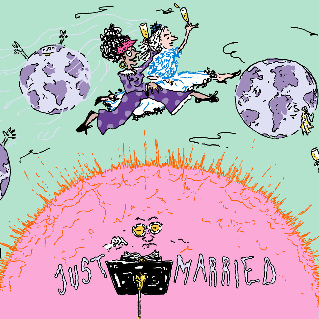 An Illustration of two women jumping over a planet with the words “just married” on it.