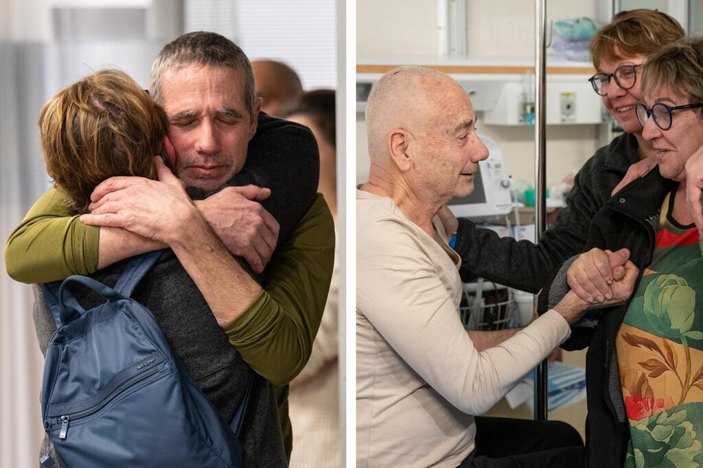 A diptych image with two people hugging on the left and a man holding another family member’s hand.