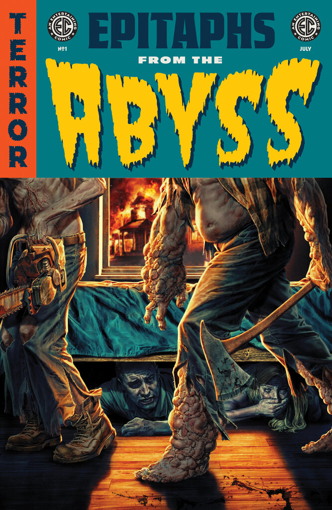 A comic book cover with the word “Terror” on a red background and the title, “Epitaphs From the Abyss,” and two figures with a chain saw and a machete appearing underneath the title of the series.