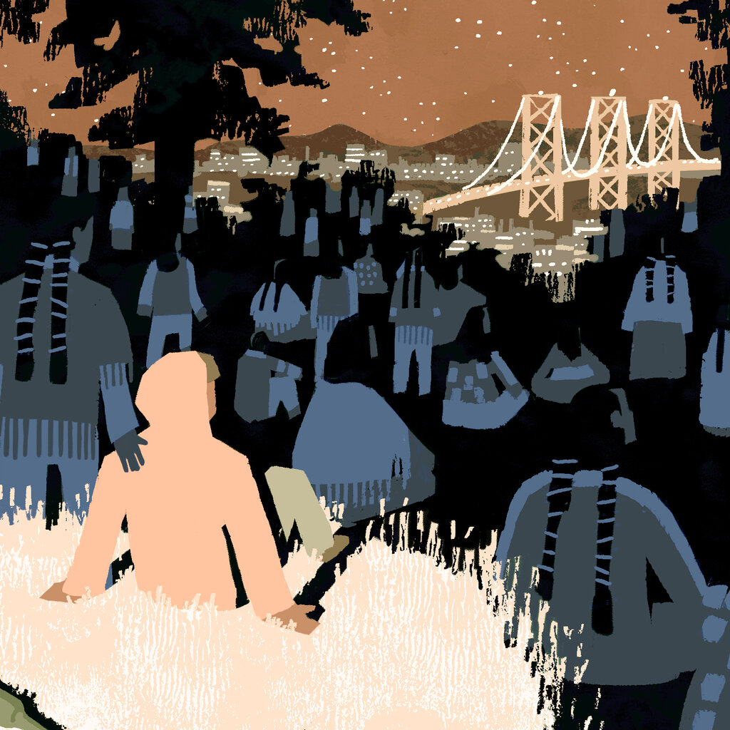 An illustration of a seated figure looking out over a landscape full of people in Native American clothing. A city and road bridge are visible in the distance.