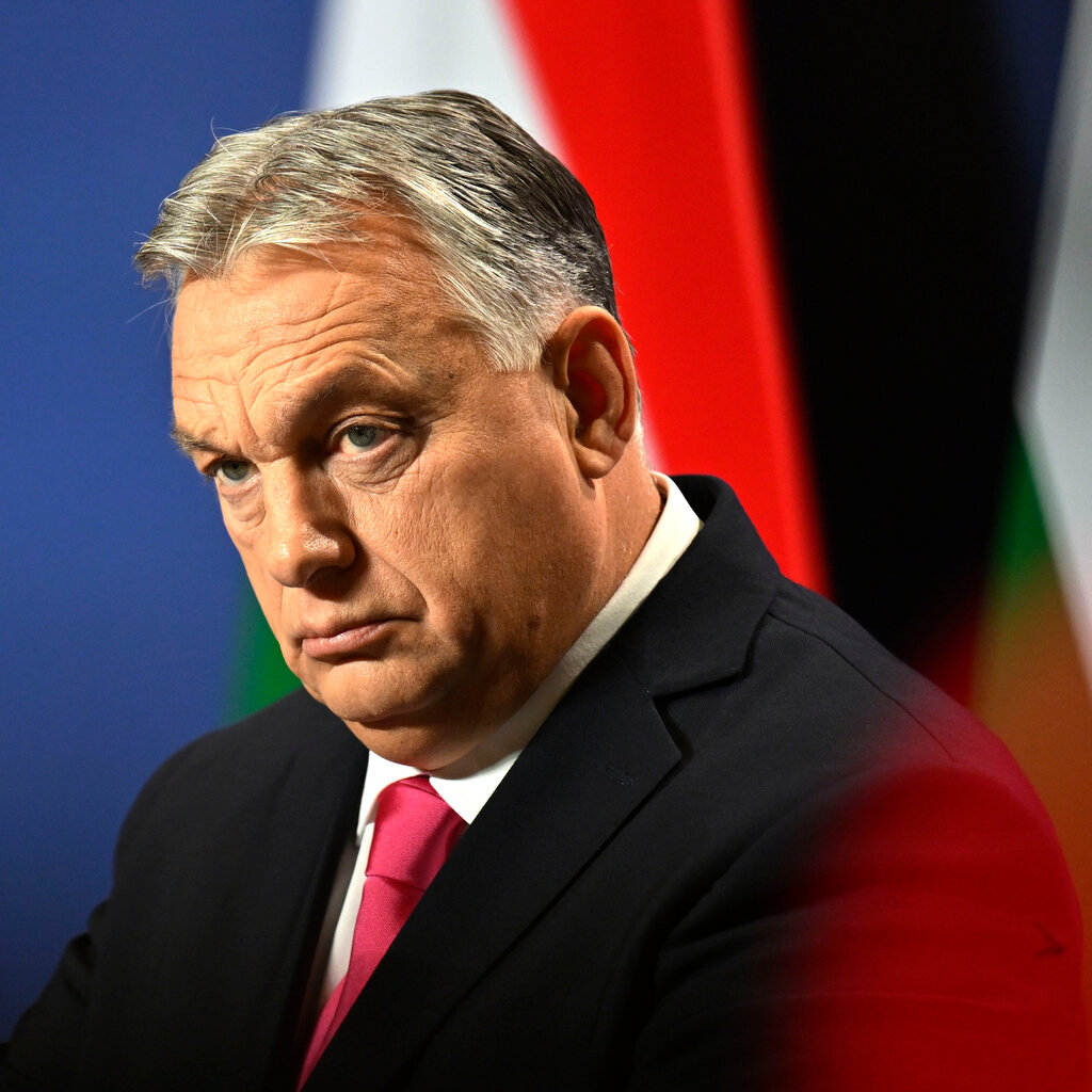 Prime Minister Viktor Orban of Hungary, standing behind a microphone and surrounded by flags. 