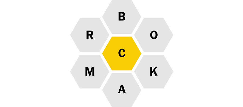 Six gray hexagons orbiting one yellow hexagon. Each gray hexagon features a letter: R, B, O, K, A, M, R. The yellow hexagon shows the letter C.