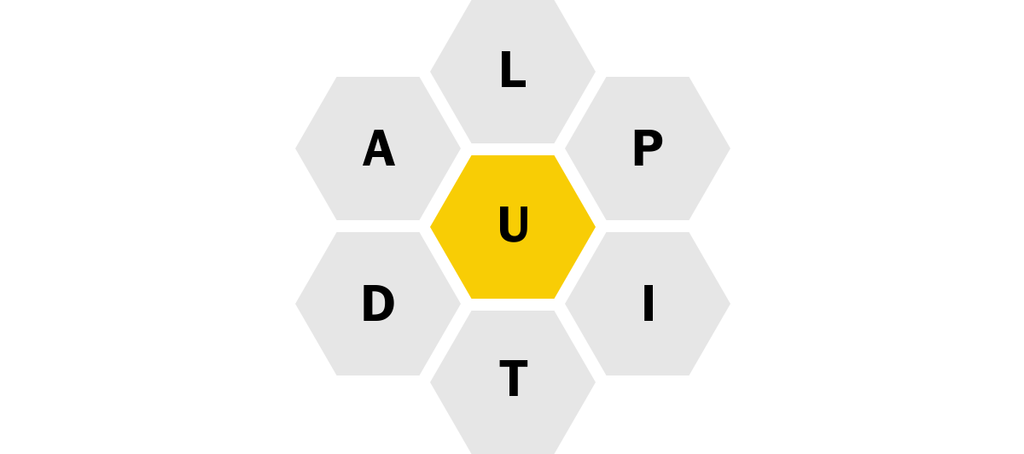 Six gray hexagons orbiting one yellow hexagon. Each gray hexagon features a letter: L, P, I, T, D, A. The yellow hexagon shows the letter U.