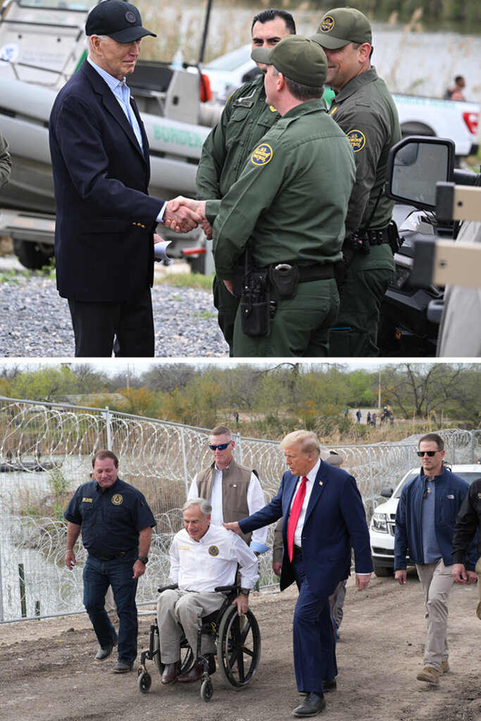 In top photo, President Biden, in a baseball hat, shakes officials’ hands. In bottom photo, Donald Trump walks near a border fence with officials, including one in a wheelchair. 