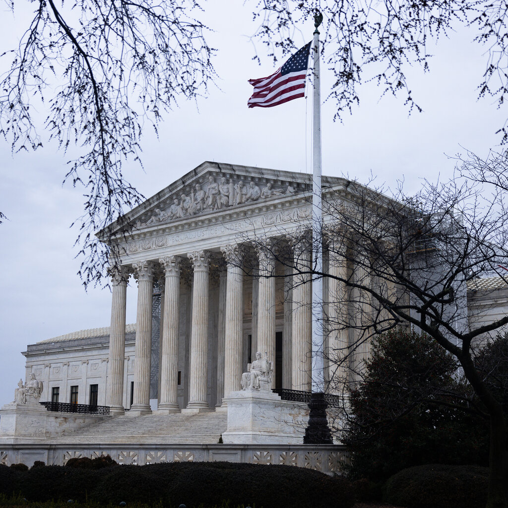 The Supreme Court, framed by foliage, with an American flag flying in front of it.
