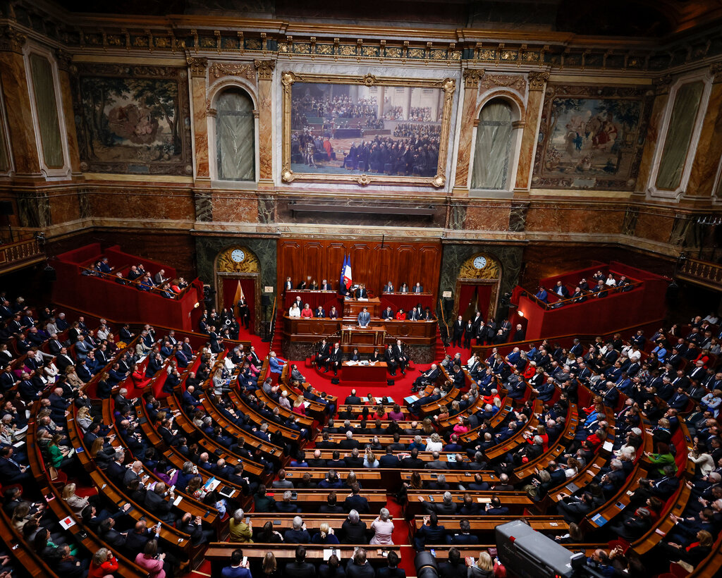 A view of a parliamentary chamber from above. The French flag is visible in front of wood paneling on the wall. 