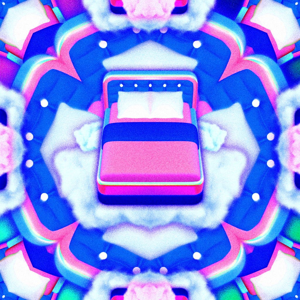 An illustration of a neon pink and blue bed.