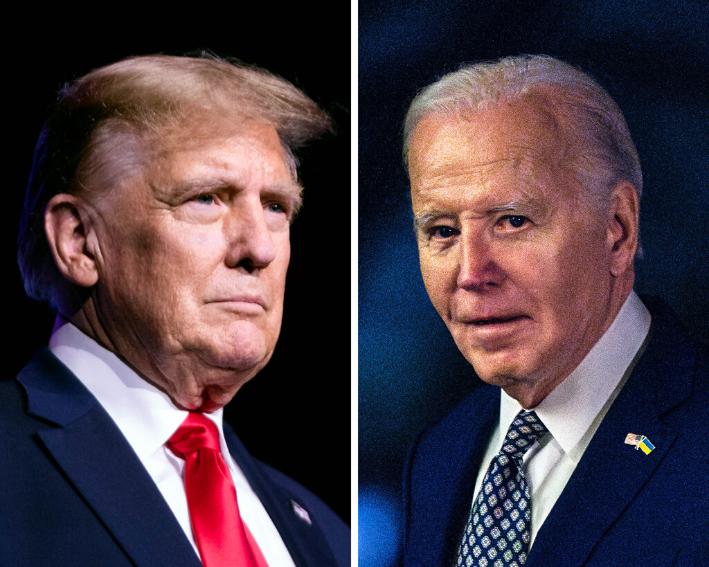 Two separate images of Donald Trump and Joe Biden side by side.  