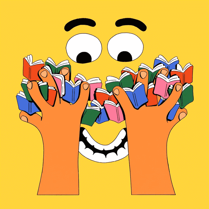 With a wide grin, a cartoon face gazes at dozens of tiny books in hands on a yellow background.