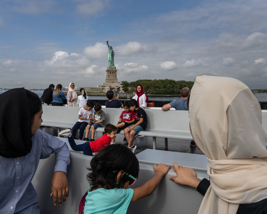 A view of the Statue of Liberty from a ferry.