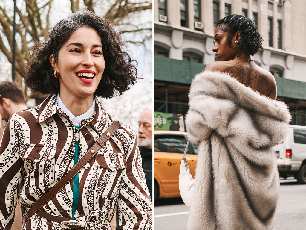 Two images in a collage. On the left: A woman in a brown and cream shirt with short curly black and gray hair. On the right: A woman in a fur coat with short curly black hair, slicked with gel. 