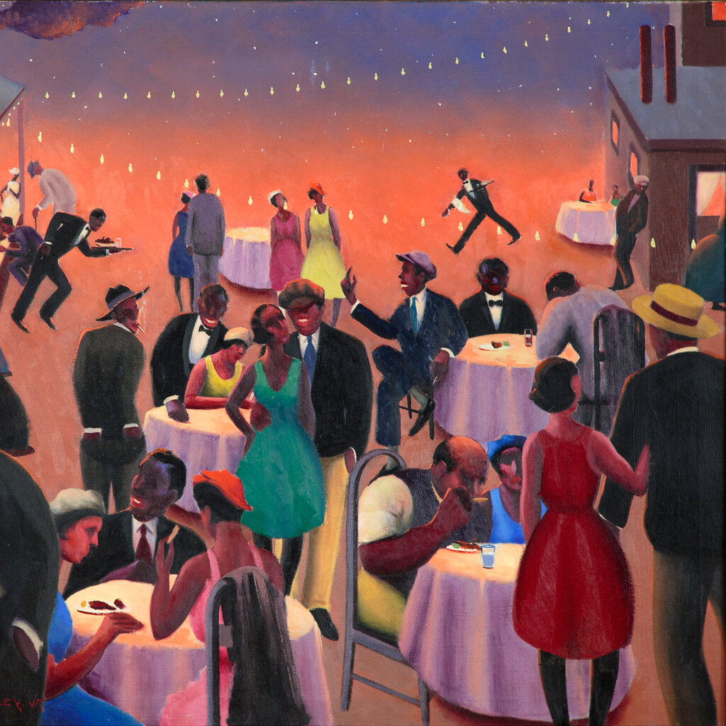 The painting "Barbecue" by Archibald J. Motley. A group of Black men and women celebrate, some sitting at tables with white tablecloths, others standing around. Lights are strung above them. A house is at the right of the frame; two cooks stand behind a counter at the left of the frame. 