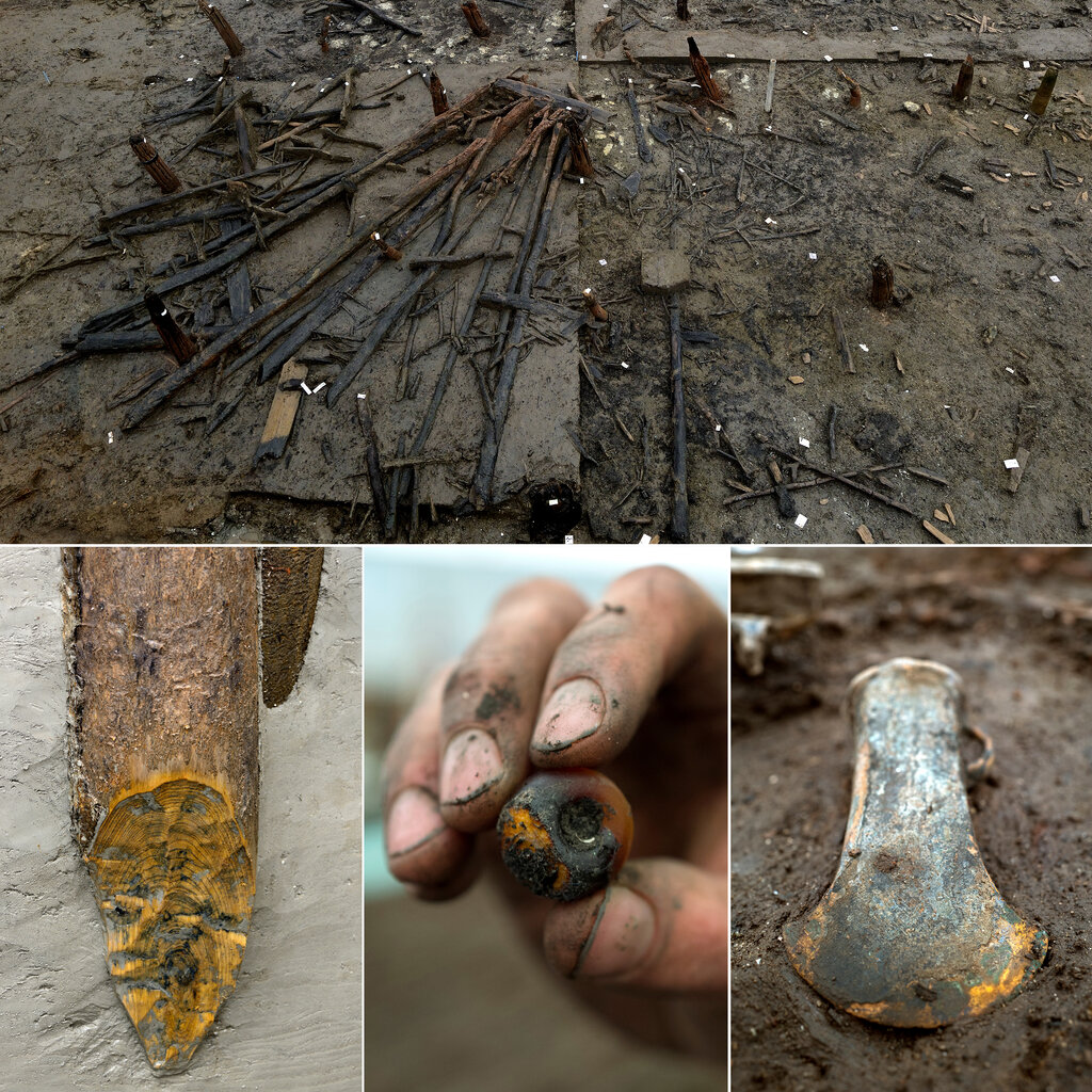 Images of ancient tools and artifacts in the dirt. 