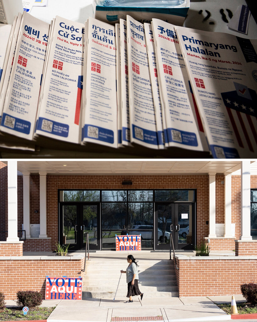 Top: Voting leaflets in different languages. Bottom: A brick building with a glass entrance. Signs denote that people can vote inside.