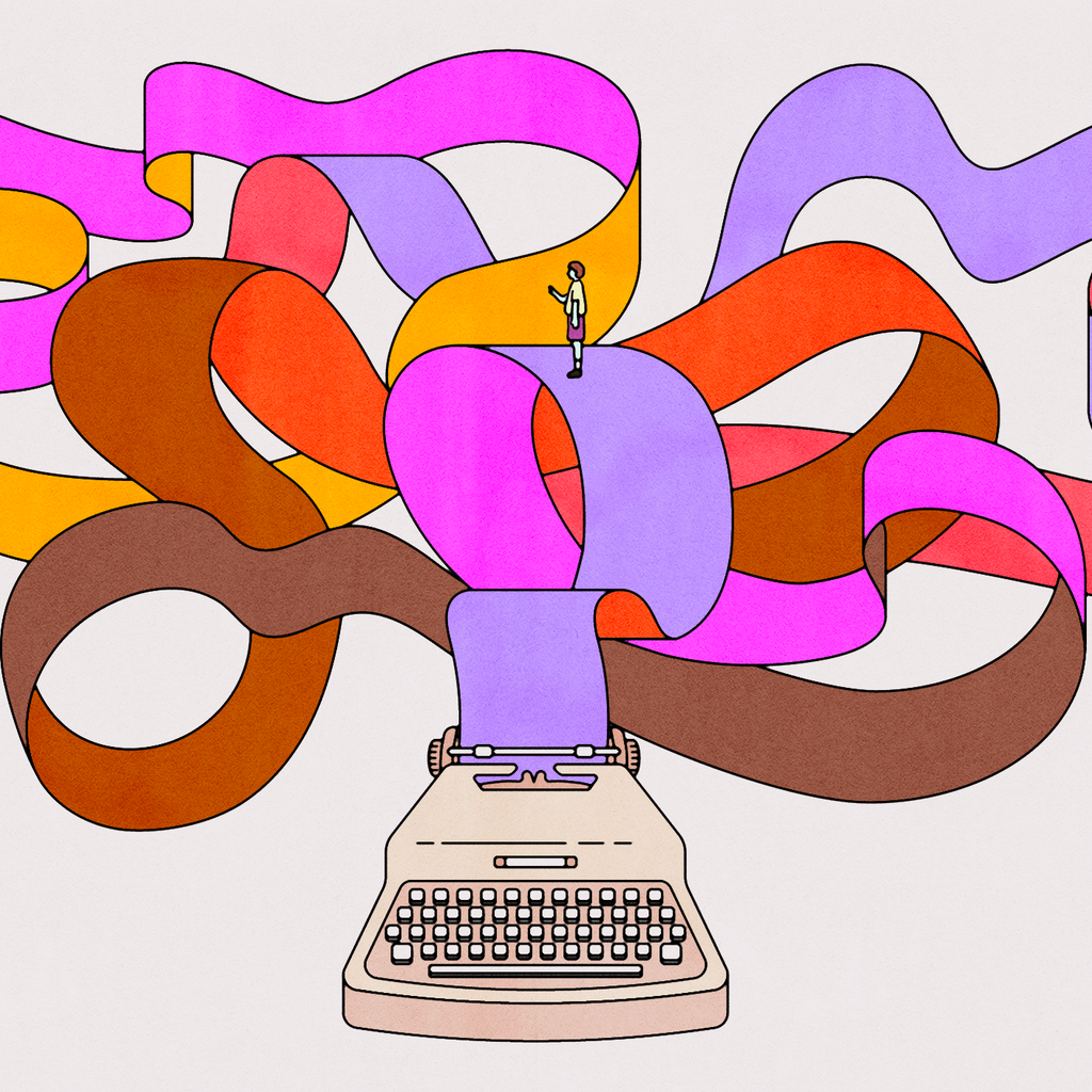 An abstract illustration shows a typewriter facing the reader, with a seemingly endless roll of blank multicolored paper emanating from its carriage. Perched atop this swirling output stands a tiny figure: a boy in profile with his right hand extended in front of him, as if seeking a response to an unanswered question or getting ready to strike a key on a keyboard.