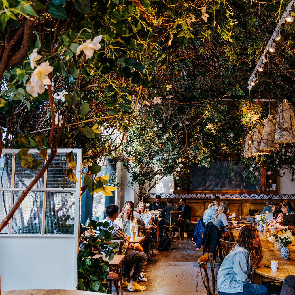 A dining room ceiling is covered completely in fake plants and flowers.