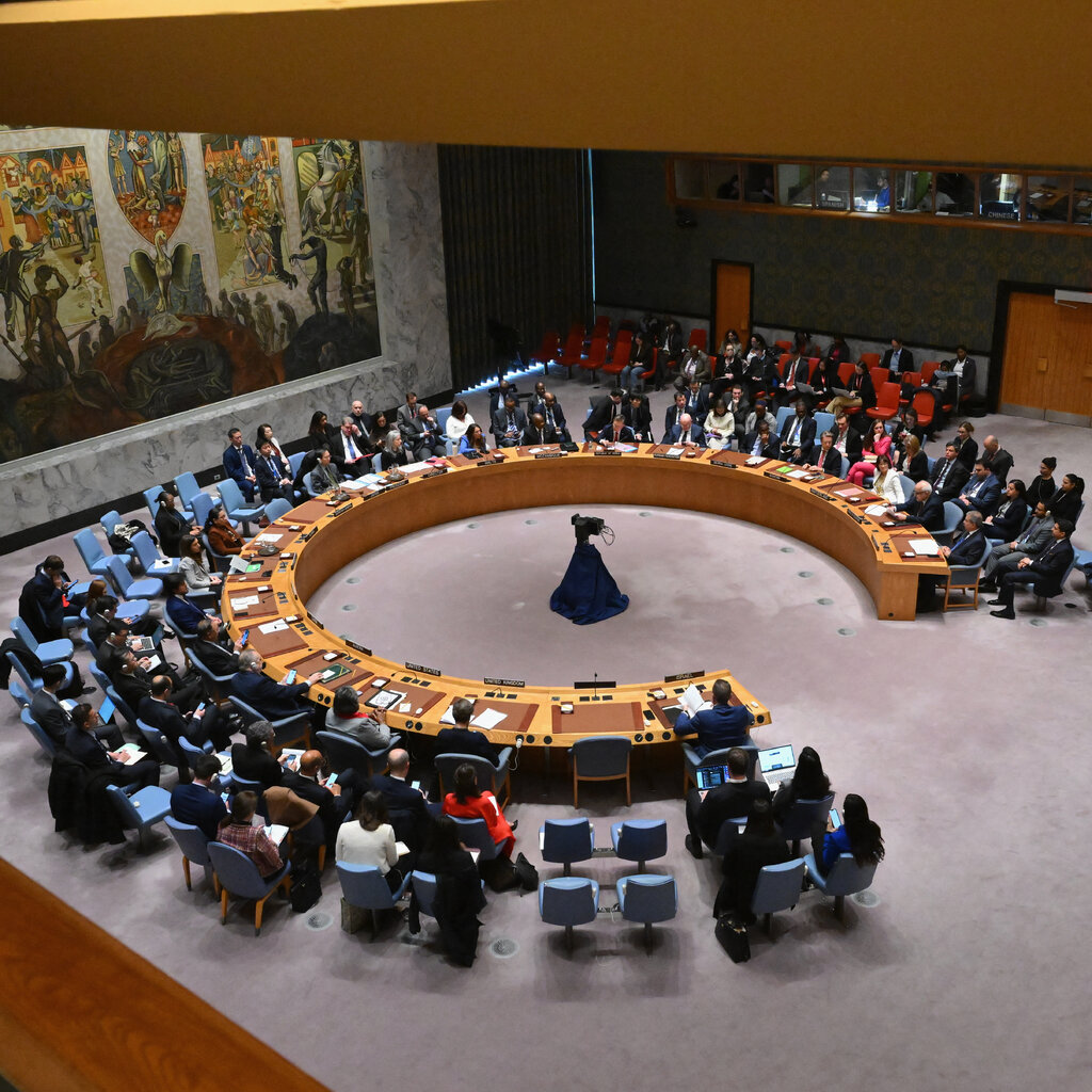Diplomatic representatives sitting around a horseshoe-shape table. 