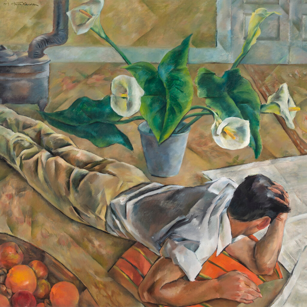 A painting shows the back of a man lying down on an orange pillow, as he turns away. A box of apples and oranges is in the corner. Lillies in a large pot are in the background. 