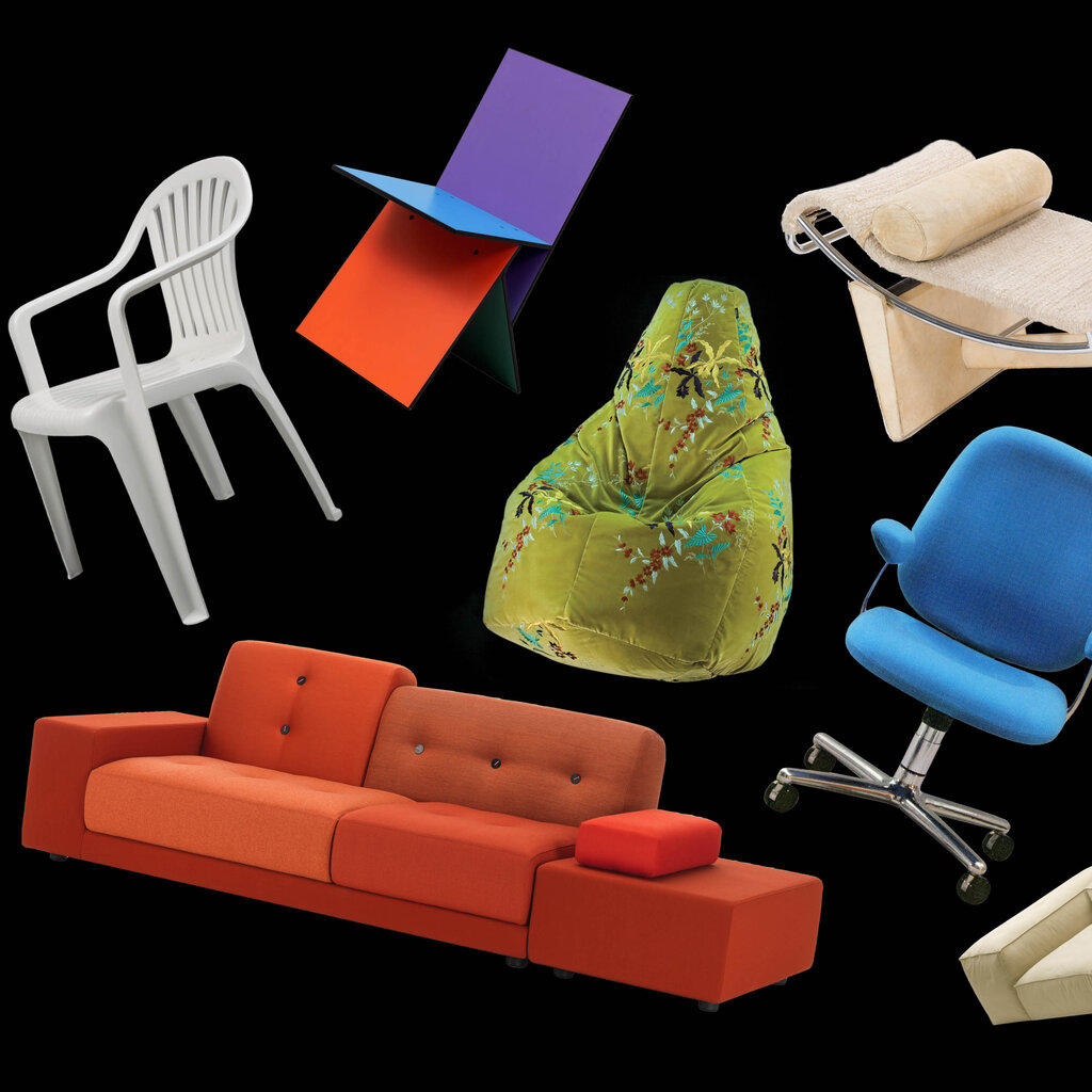 A collage of various pieces of furniture against a black background including a white plastic chair, a blue office chair, a dark orange sofa, and a cream-colored chaise longue.