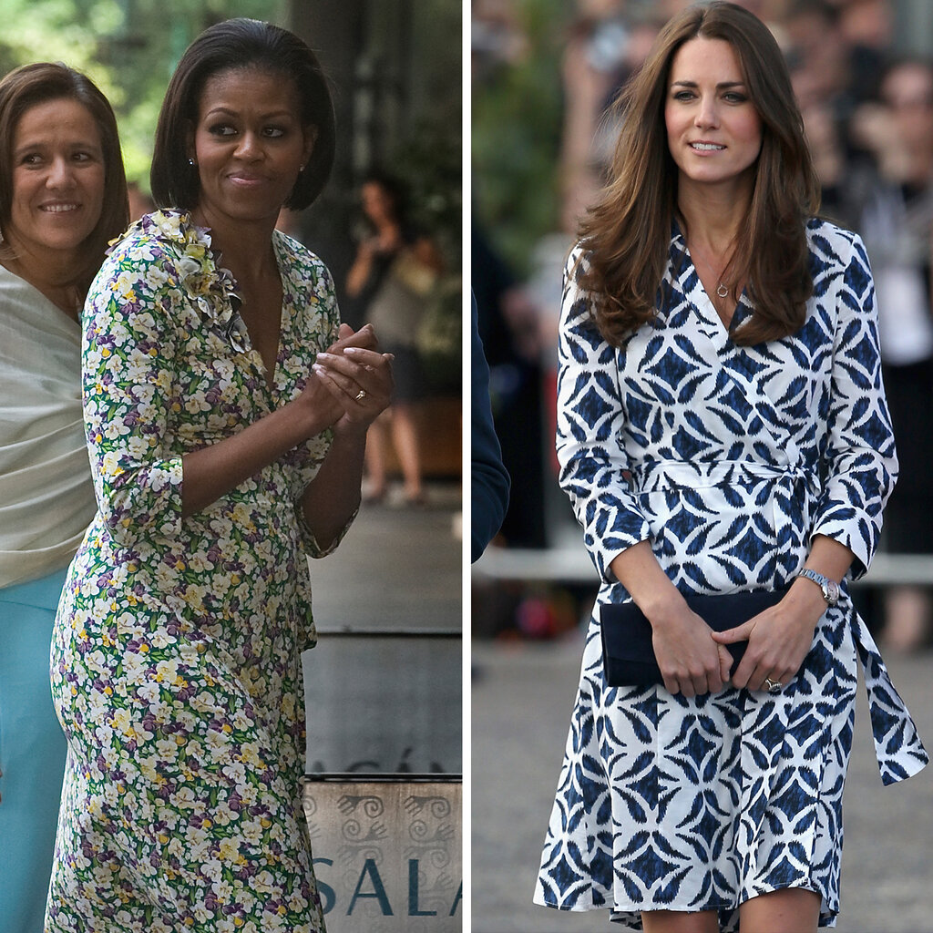 Two images of Michelle Obama and Kate Middleton wearing wrap dresses. 