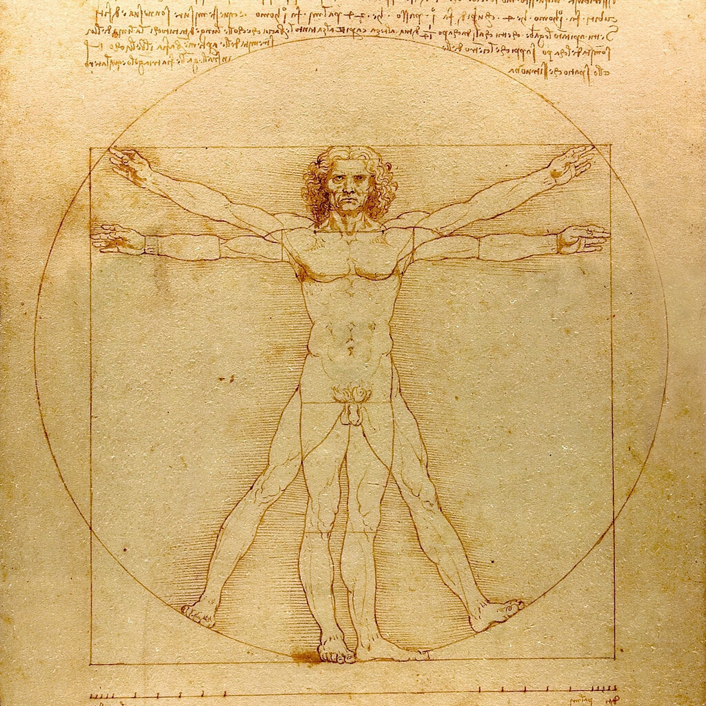 Leonardo da Vinci’s “Vitruvian Man” shows a man with his arms and legs outstretched.