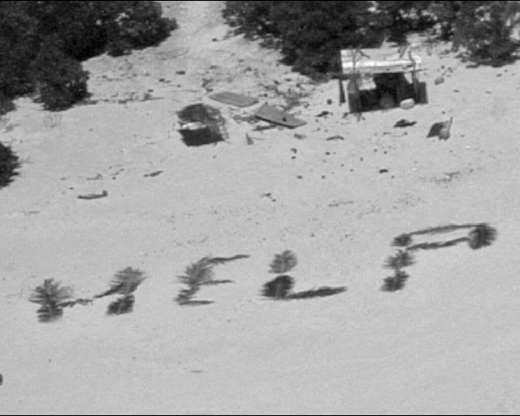 The word “help” is spelled out in palm fronds on a beach.