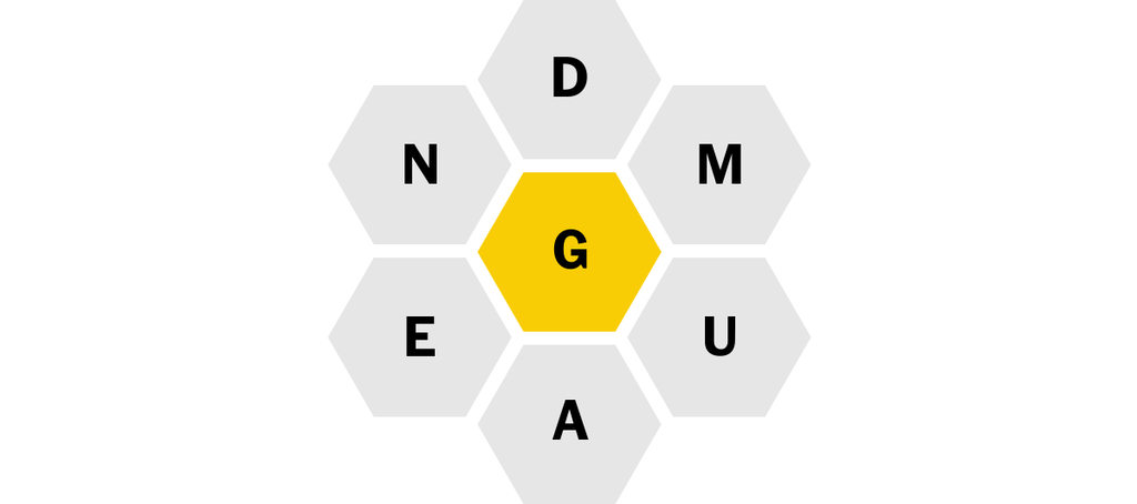 The Spelling Bee hive with the center letter G and the surrounding letters D, M, U, A, E and N.