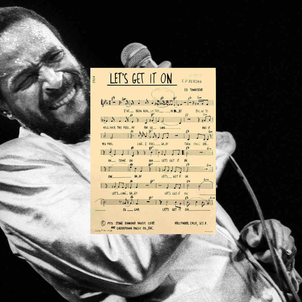 A black-and-white performance image of Marvin Gaye. In the middle of the image is a graphic of a “Let’s Get it On” song sheet.  