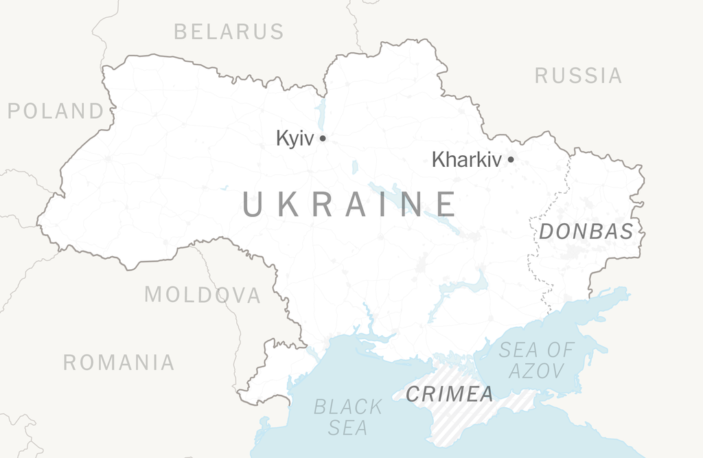 A map of Ukraine, highlighting the cities Kyiv and Kharkiv, the Donbas region and Crimea.