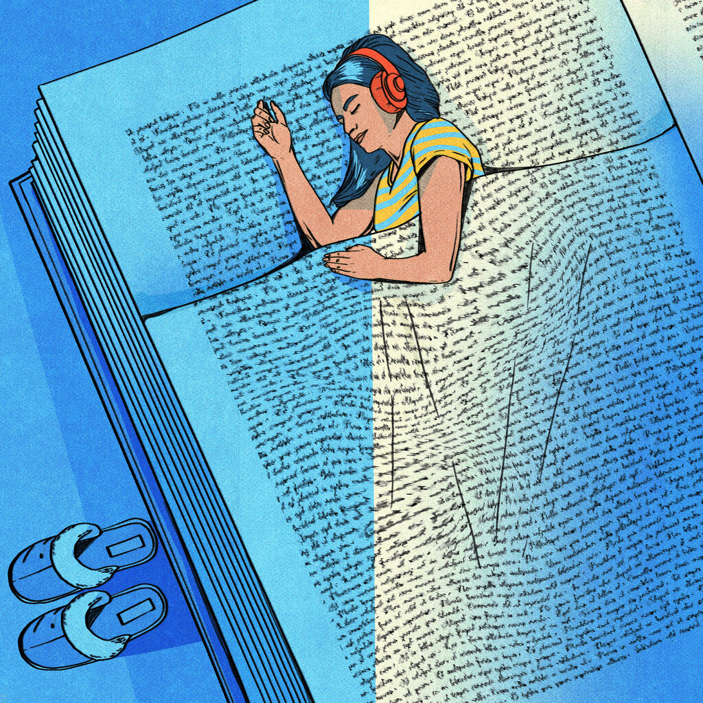 An illustration of a woman sleeping inside a book-shaped bed. She is wearing red headphones.