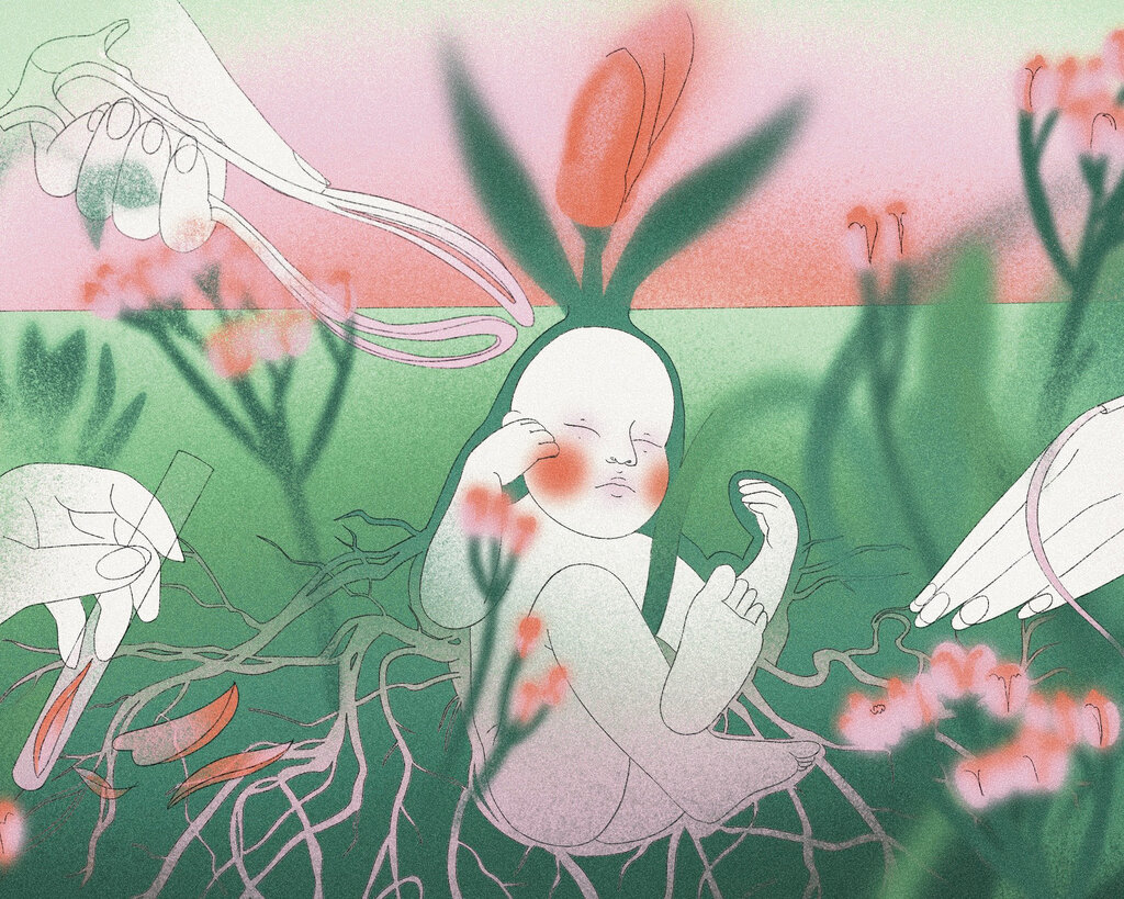 The illustration for the book features a garden with a baby growing like a flowering plant in utero, surrounded by hands with test tubes and forceps.