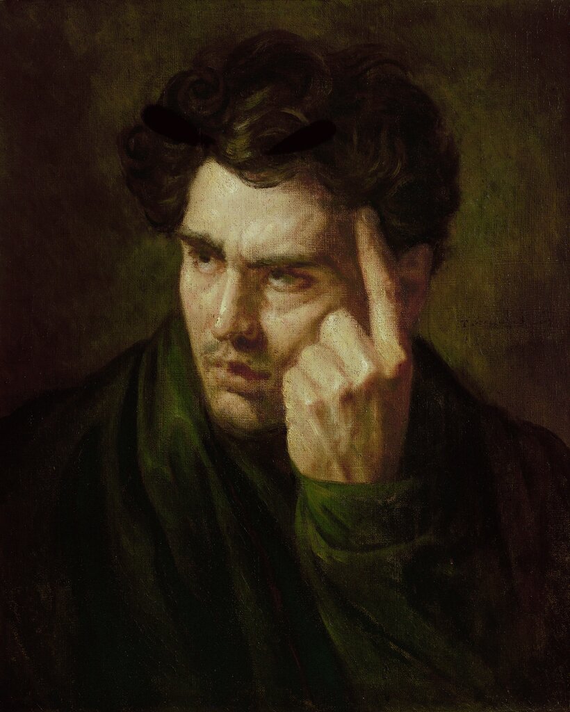 A painting of a young man who is holding a finger to his temple and furrowing his brow. He is wearing a dark green jacket.