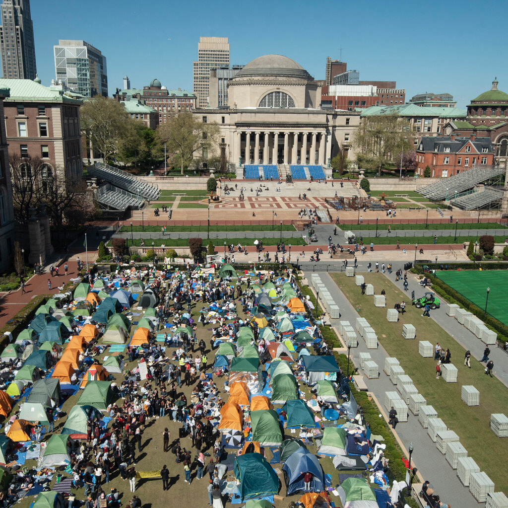 A tent encampment on the campus of Columbia University. 
