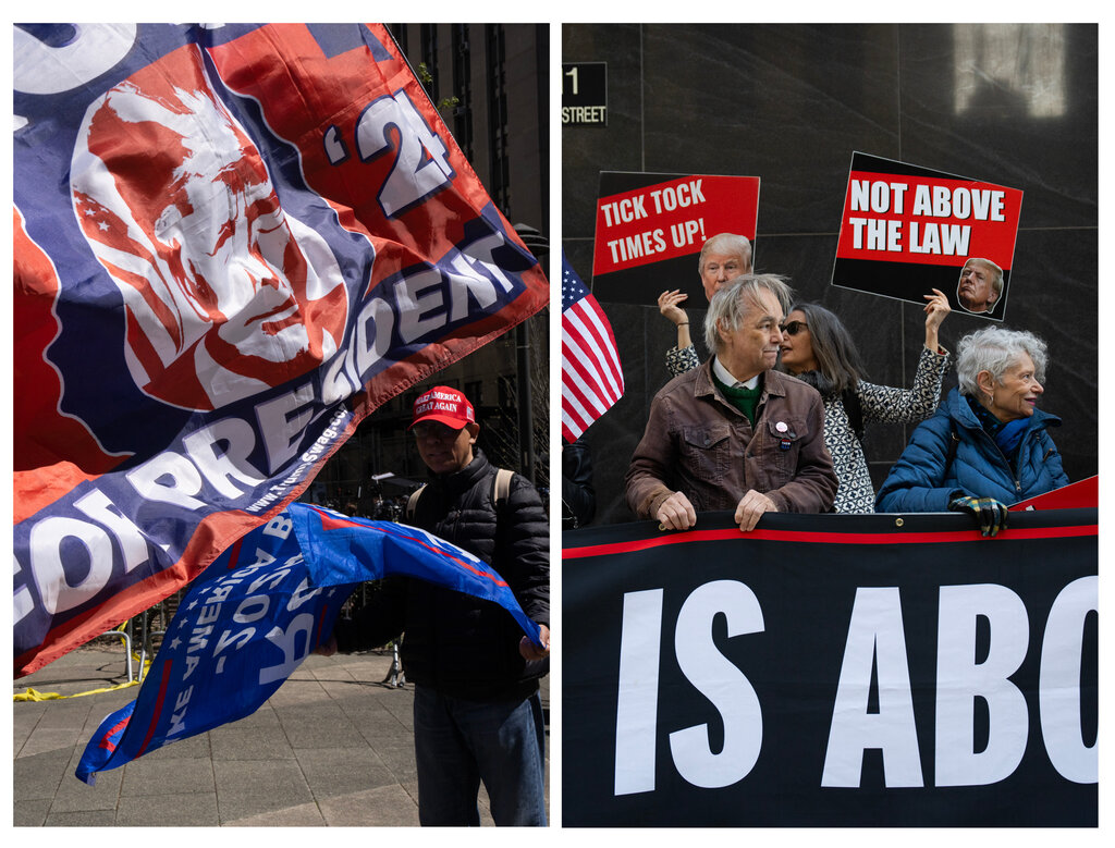 Two side-by-side photos, one showing a Trump supporter with a large flag, another showing several anti-Trump demonstrators.