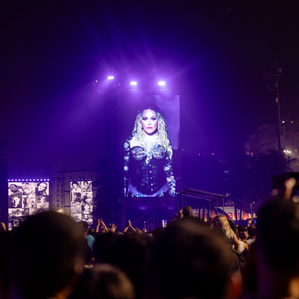 A blond woman in a corset is visible on a large screen at a concert, while a crowd is seen before her, and other screens display a grid of black-and-white photos of faces.