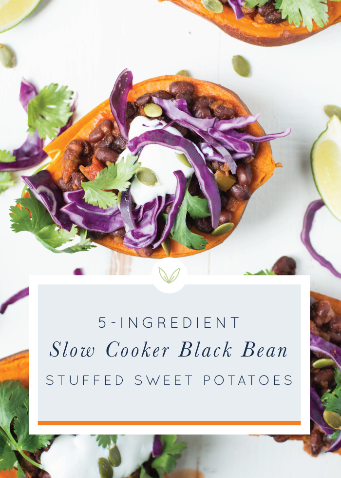 5-Ingredient Slow Cooker Black Bean Stuffed Sweet Potatoes are easy to prepare in the slow cooker and make for a filling, festive and delicious meal.