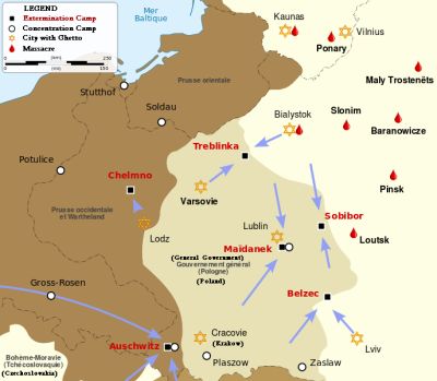 Most Jews who were deported to the death camps were executed upon  arrival.  A small number of prisoners were selected and kept alive to  perform the necessary work in the camps.  Killing centers were set up  in German-occupied Poland at Chelmno, Belzec, Sobibor, and  Auschwitz-Birkenau (left side of the map).  This map does not show all extermination and concentration camps.  The drops of red on the map  are places where Jews were massacred, and the stars indicate cities where the Jewish People were confined to tightly packed ghettos.