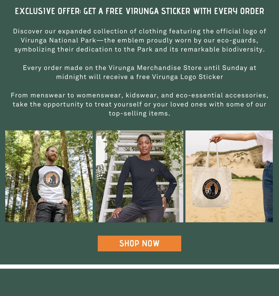Discover our expanded collection of clothing featuring the official logo of Virunga National Park—the emblem proudly worn by our eco-guards, symbolizing their dedication to the Park and its remarkable biodiversity.