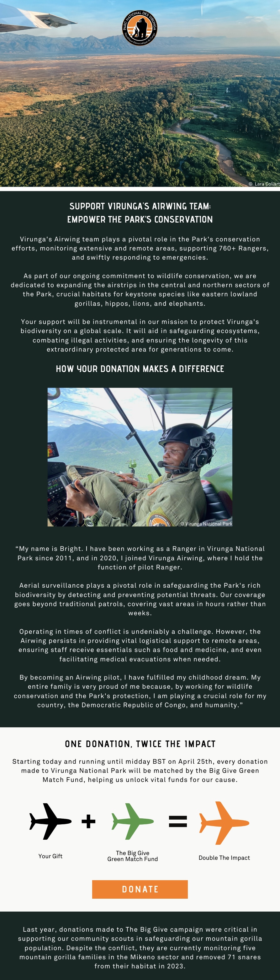 Virunga's Airwing team plays a pivotal role in the Park's conservation efforts, monitoring extensive and remote areas, supporting 760+ Rangers, and swiftly responding to emergencies.