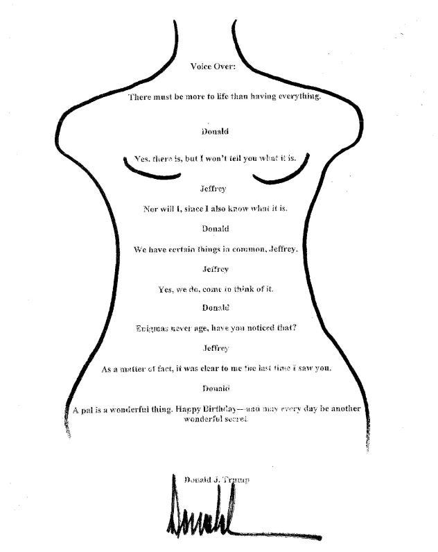 This image shared by Democrats on the House Oversight Committee shows the birthday note to Jeffrey Epstein bearing Donald Trump's name. Trump has repeatedly denied writing the letter. This image shared by Democrats on the House Oversight Committee shows the birthday note to Jeffrey Epstein bearing Donald Trump's name. Trump has repeatedly denied writing the letter.