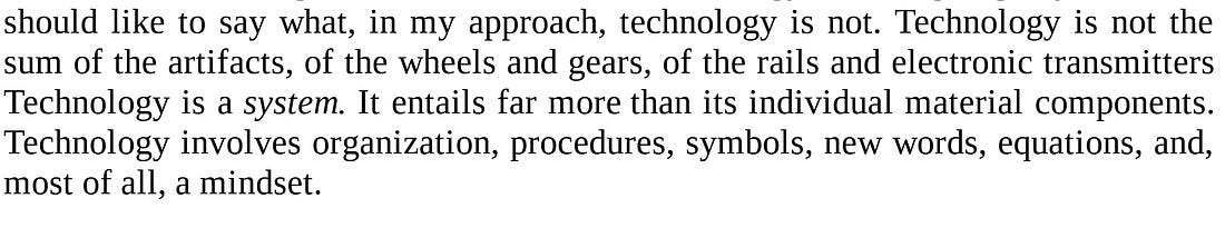 Quotation from Ursula M. Franklin’s The Real World of Technology (1990) describing technology as a system of organization and mindset rather than a collection of artifacts. Quotation from Ursula M. Franklin’s The Real World of Technology (1990) describing technology as a system of organization and mindset rather than a collection of artifacts.