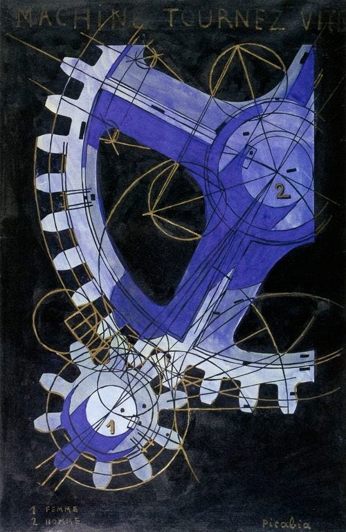 A Dada-era artwork by Francis Picabia depicting interlocking gears drawn in purple, black, and gold, overlaid with delicate mechanical diagrams. A Dada-era artwork by Francis Picabia depicting interlocking gears drawn in purple, black, and gold, overlaid with delicate mechanical diagrams.